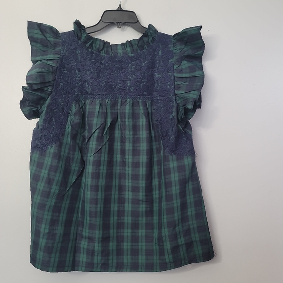 J.Marie Joyce Embroidered Ruffle Neck Cap Sleeve Plaid Top - Picture 9 of 12